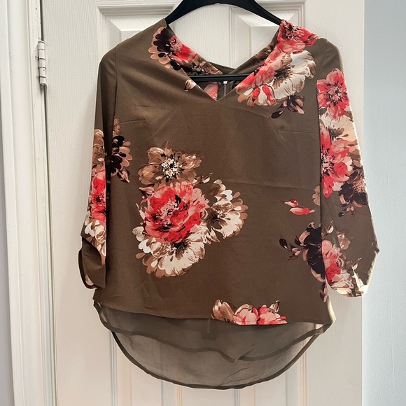 Dynamite Tops - Brown Floral Print Blouse